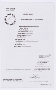 Musicians from the New York Philharmonic Printed Program (Holiday Brass), Dec 11, 2011 at Avery Fisher Hall in Manhattan, NY; , conductor