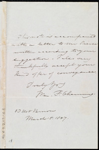 Letter from William Francis Channing, 83 Mt. Vernon [Street,] [Boston, Mass.], to Anne Warren Weston, March 15, 1847