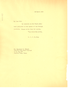 Letter from W. E. B. Du Bois to Prairie View State Normal and Industrial College