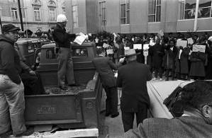 Sheriff Jim Clark speaking to "Freedom Day" marchers at the Dallas County Courthouse in Selma, Alabama, during a voting rights demonstration.