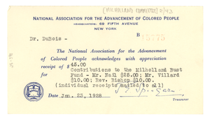 Receipt from the NAACP for contributions to the Milholland Bust Fund