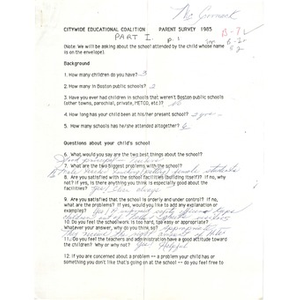 Citywide Educational Coalition parent survey 1985 - McCormack School.