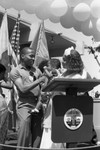 Black Audition Festival participants standing at a lectern, Los Angeles, 1985