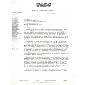 Letter, Institute for Responsive Education, June 1, 1977.