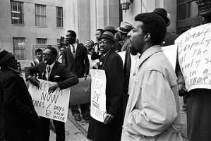 Hosea Williams and other demonstrators at a voter registration rally outside the Jefferson County courthouse in Birmingham, Alabama.