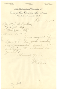 Letter from Channing H. Tobias to W. E. B. Du Bois