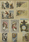 Trade cards depicting adults, children, flowers, spectacles, thread, an angel and an African American man fishing