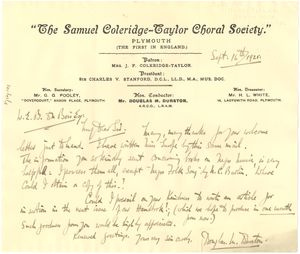 Letter from The Samuel Coleridge-Taylor Choral Society to W. E. B. Du Bois