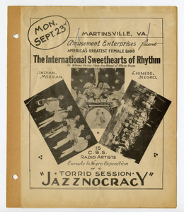 Mon. Sept. 23rd, Martinsville, Va., Amusement Enterprises Presents America's Greatest Female Band: The International Sweethearts of Rhythm. [clipping]