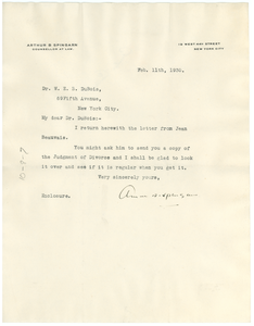 Letter from Arthur Spingarn to W. E. B. Du Bois