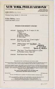 New York Philharmonic Printed Program (Pension Fund Benefit Concert), Sep 15, 1982 at Avery Fisher Hall in Manhattan, NY; Zubin Mehta, conductor.