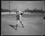 Baseball pitcher Satchel Page after a pitch, Los Angeles, circa 1933