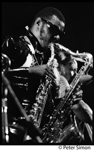 Rahsaan Roland Kirk in performance on two saxophones, Newport Jazz Festival