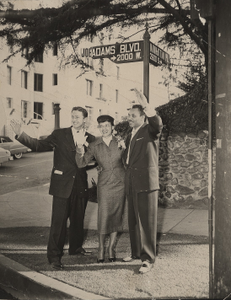 Left to Right: Robert Funk, Mrs. Adams and Joe Adams at "Joe" Adams Blvd. on "Joe Adams Day", March 14, 1953. [black and white photoprint]