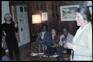 Guests at the book party for Robert H. Abel Left to right: Meline Kasparian, Benny Pearl Wilson, Roberta Uno, James Baldwin, and unidentified woman