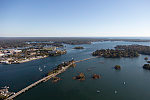 An October 2017 aerial view of the small bridge connecting the historic seaport of Portsmouth, New Hampshire, the largest city along the shortest coastline (18 miles) of any U.S. state, to tiny New Castle, also in New Hampshire