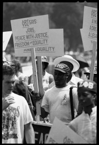 Thumbnail for Black fraternity members (Phi Beta Sigma) carry signs for 'Jobs, Peace with Justice, Freedom and Equality,' 25th Anniversary of the March on Washington