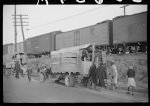 [Untitled photo, possibly related to: Day laborers being hired for cotton picking on Mississippi and Arkansas plantations. Between four and six-thirty every morning during the season, near the Hallan Bridge in Memphis, Tennessee, crowds of Negroes in the streets gather and are loaded into trucks by drivers who bid, and offer them anywhere from fifty cents to one dollar per day]