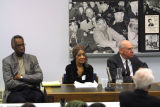 Howard Fuller, Vel Phillips, and another man at a 50th anniversary of Brown vs. Board of Education Conference, April 8, 2004