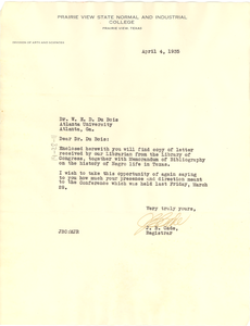 Letter from Prairie View State Normal and Industrial College to W. E. B. Du Bois