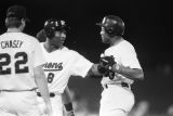 Bo Jackson with teammates during a Birmingham Barons baseball game in Birmingham, Alabama.