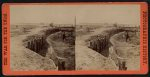 Rebel breastworks in front of Petersburgh (i.e. Petersburg). The small mounds with chimneys are the soldiers' quarters, under ground