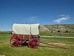 A covered wagon at the Martin's Cove Mormon Handcart historic site in Sweetwater County, Wyoming. The site, on the old Mormon and Oregon trails (and the California Trail and Pony Express route as well, which all followed similar routes before diverging in what is now western Wyoming), recalls the Mormons' westward migration after they were forced from their village in Illinois. Many Mormon emigrants pulled their families and/or possessions in crude handcarts, as well as this type of wagon, on the arduous journey