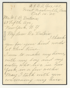 Letter from Agnes Work to W. E. B. Du Bois