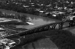 Aerial view of marchers on the Edmund Pettus Bridge in Selma, Alabama, on the first day of the Selma to Montgomery March.