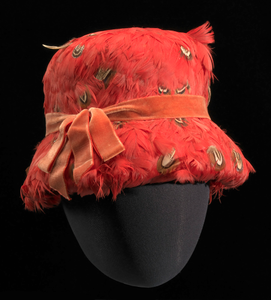 Red feather lamp shade hat from Mae's Millinery Shop