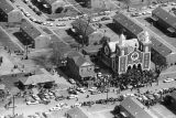 Aerial view of civil rights activists at Brown Chapel AME Church and in the George Washington Carver Homes neighborhood of Selma, Alabama.