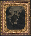 [Unidentified soldier in Union uniform with saxhorn and music book in front of flags]