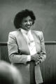 Phoebe Williams lectures at the front of the classroom, circa 1984