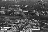 Aerial view of the Edmund Pettus Bridge and U.S. Highway 80 in Selma, Alabama, on the first day of the Selma to Montgomery March.