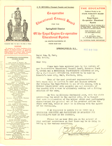 Letter from the Cooperative Educational Council Board for the Springfield District of the Loyal Legion Co-operative Educational System to George W. Ford