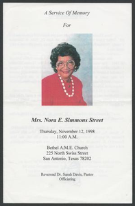 Funeral Program for Mrs. Nora E. Simmons, November 12, 1998