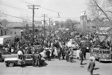 Crowd of reporters and civil rights demonstrators on Sylvan Street in Selma, Alabama, probably on the first day of the Selma to Montgomery March.