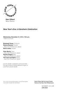 New York Philharmonic Printed Program (New Year's Eve), Dec 31, 2014 at Avery Fisher Hall in Manhattan, NY; Bramwell Tovey, conductor.