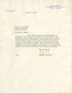 Letter from Charles S. Johnson to W. E. B. Du Bois