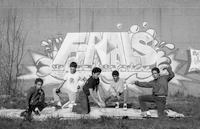 Breakdancers pose in front of Finals graffiti mural, Hartford, 1984