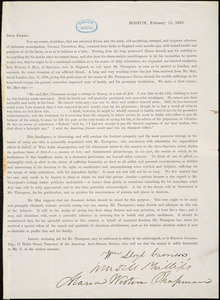 Thumbnail for Letter from William Lloyd Garrison, Maria Weston Chapman, and Wendell Phillips, Boston, [Massachusetts], 1859 February 15