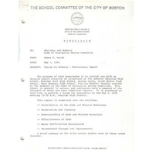 Thumbnail for Memo, visits to schools - preliminary report, May 1, 1981.