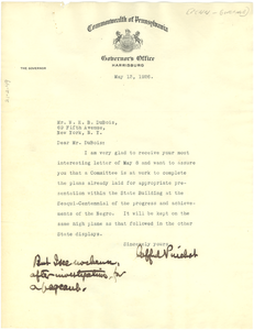 Letter from Pennsylvania Office of the Governor to W. E. B. Du Bois