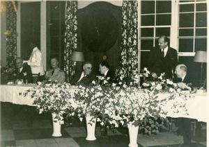 Photograph of Franklin Delano Roosevelt, Basil O'Connor, and Admiral Ross McIntire enjoying a dinner in Georgia Hall at the Georgia Warm Springs Foundation, Warm Springs, Meriwether County, Georgia, 1935-1945?