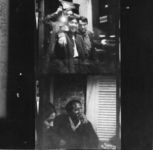 Mississippi State Sovereignty Commission photograph of a black female standing with two white males in a doorway (above) and a white female sitting at a table next to a black male (below) at unknown locations in Greenwich Village, New York, New York, 1962 March 18