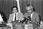 Reverend James Lawson at podium, Los Angeles, 1982