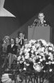 George Wallace speaking on stage at a rally in the Municipal Auditorium in Birmingham, Alabama, during Lurleen Wallace's gubernatorial campaign.