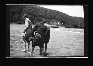 Three African American women wading in water] [black-and-white cellulose acetate photonegative