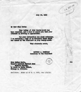 Thumbnail for Letter from Esther Davis to President Harry S. Truman, with a Reply by Matthew Connelly