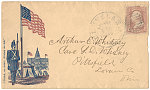 [Civil War envelope showing soldier standing in front of American flag, tents, and U.S. Capitol with message "United, we stand; divided, we fail"]